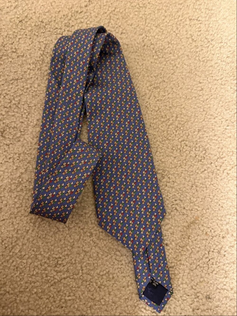 Salvatore Ferragamo Silk Tie – Dog and Bone Print – Blue – Made in Italy